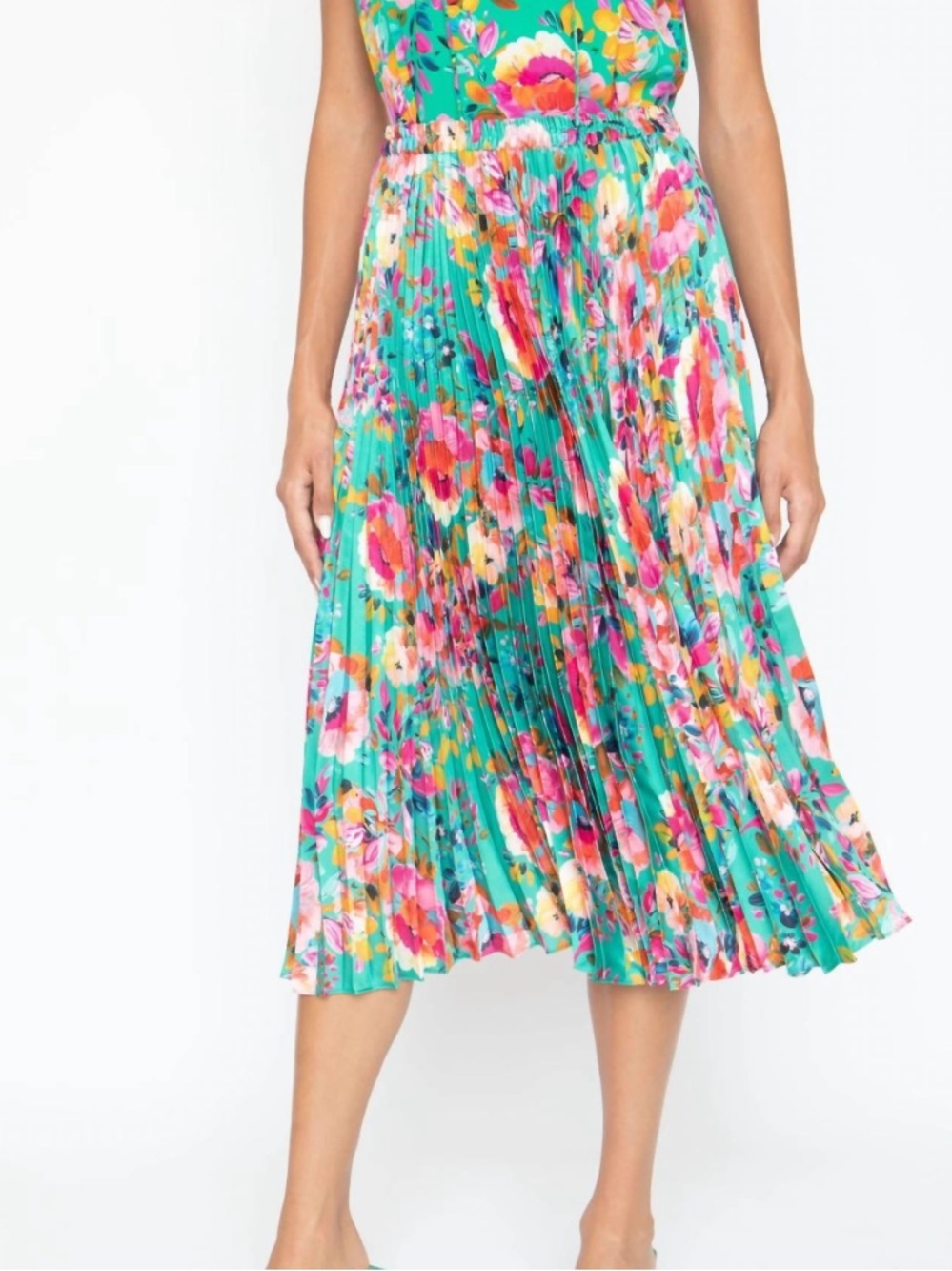 Caballero Mia Painted Flower Floral Pleated Midi Skirt Teal Aqua S